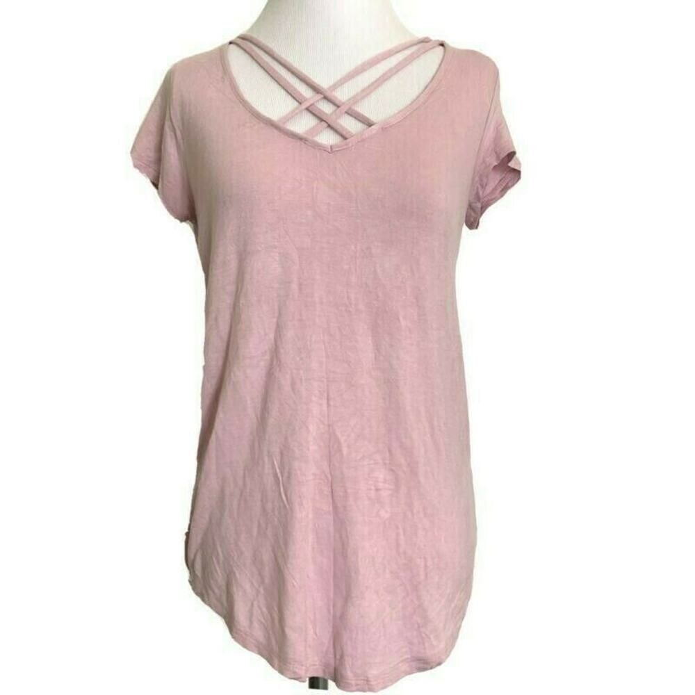 ALMOST FAMOUS Cage Strappy V-Neck Short Sleeve T-Shirt Summer Slinky Stretch L